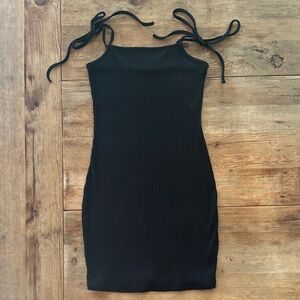 La Hearts Black Ribbed Tie-Shoulder Mini Dress